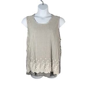 CJ Banks Tank Top Womens 1X Black White Gingham Mesh Embroidered Lace Overlay